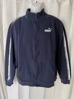 Vintage Style Puma Mens Navy Fleece Lined Track Jacket XL with Logo Tape Sleeves